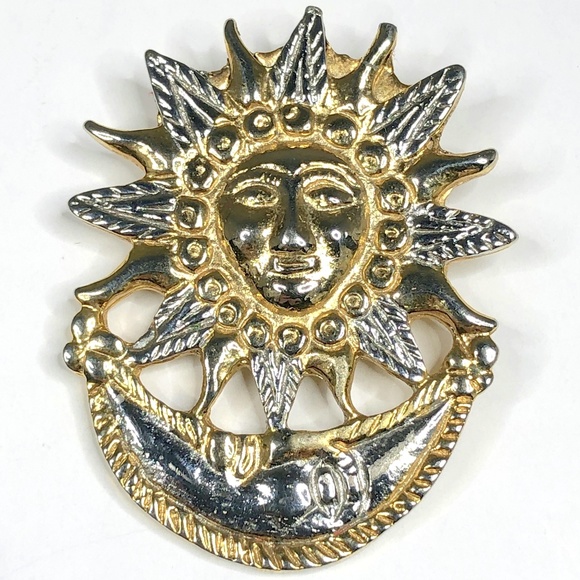 Jewelry - Sun Moon Brooch Pin Goldtone Silvertone Large